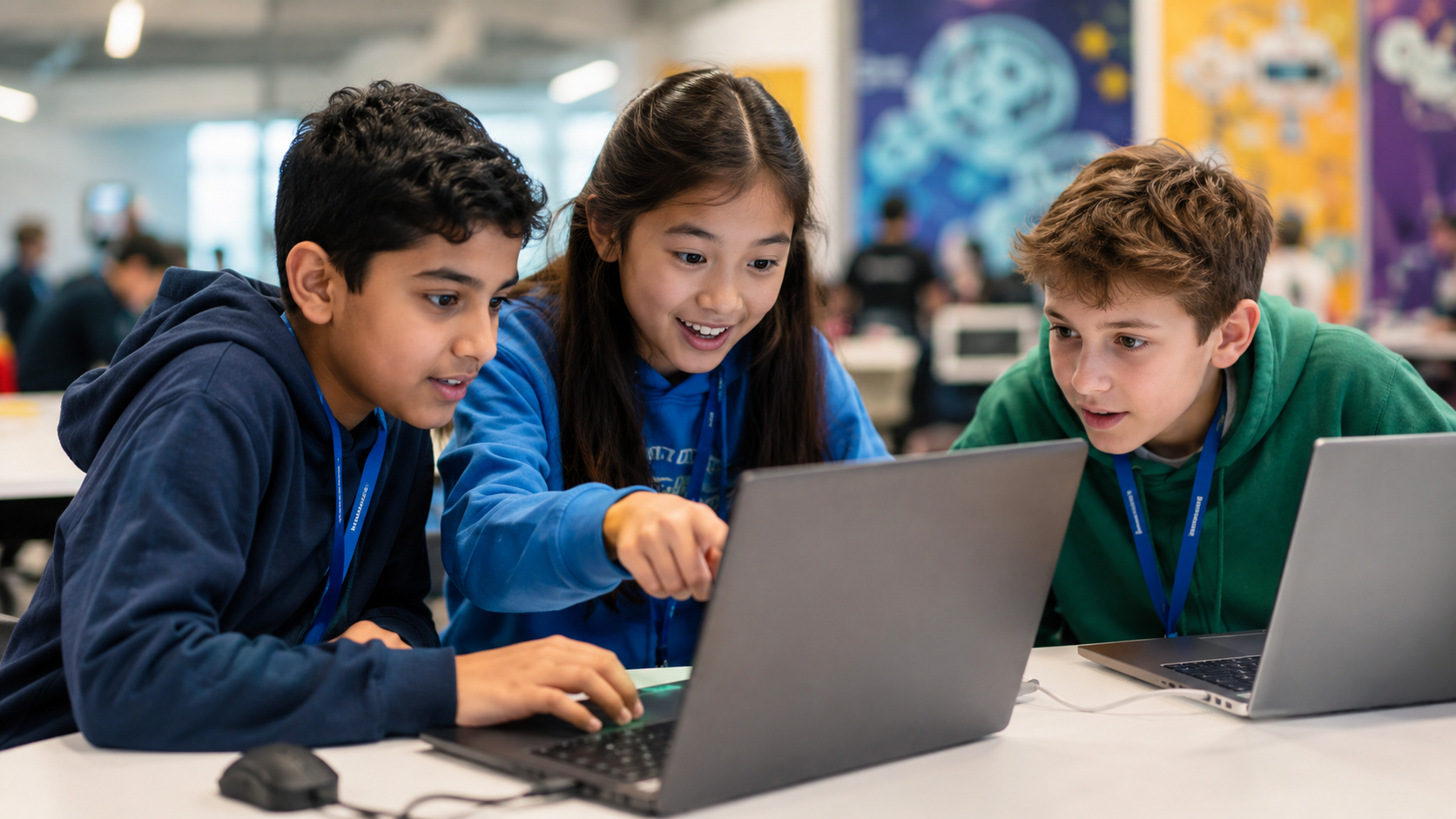 Three children aged 8–13 sitting at laptops in a bright, open competition space.