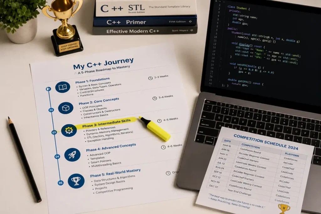 C++ for kids - learning roadmap with five phases printed and highlighted