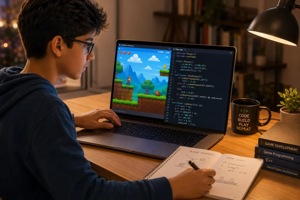 Child building a 2D platformer game in C++