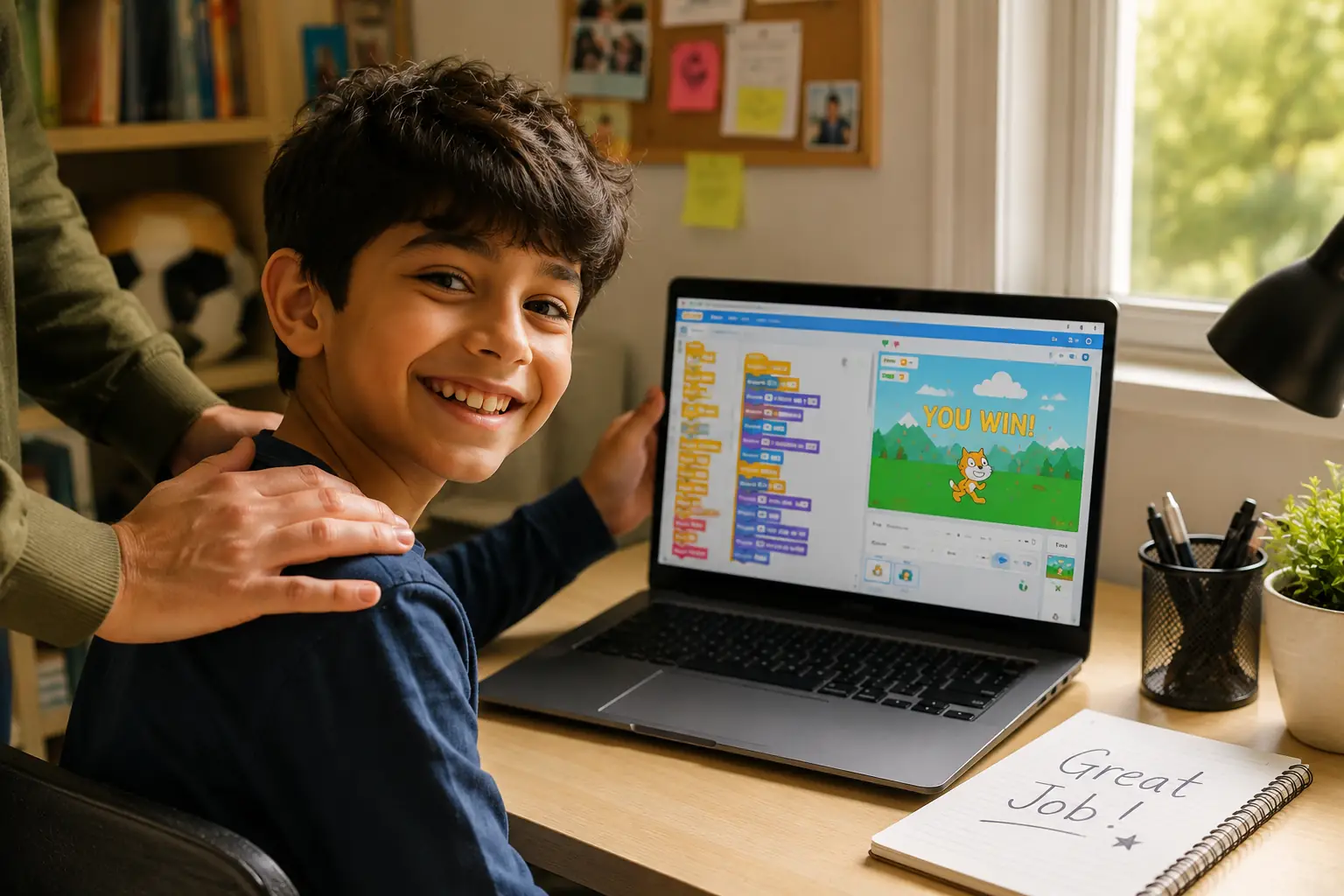 Child learning age-appropriate coding at a desk at home