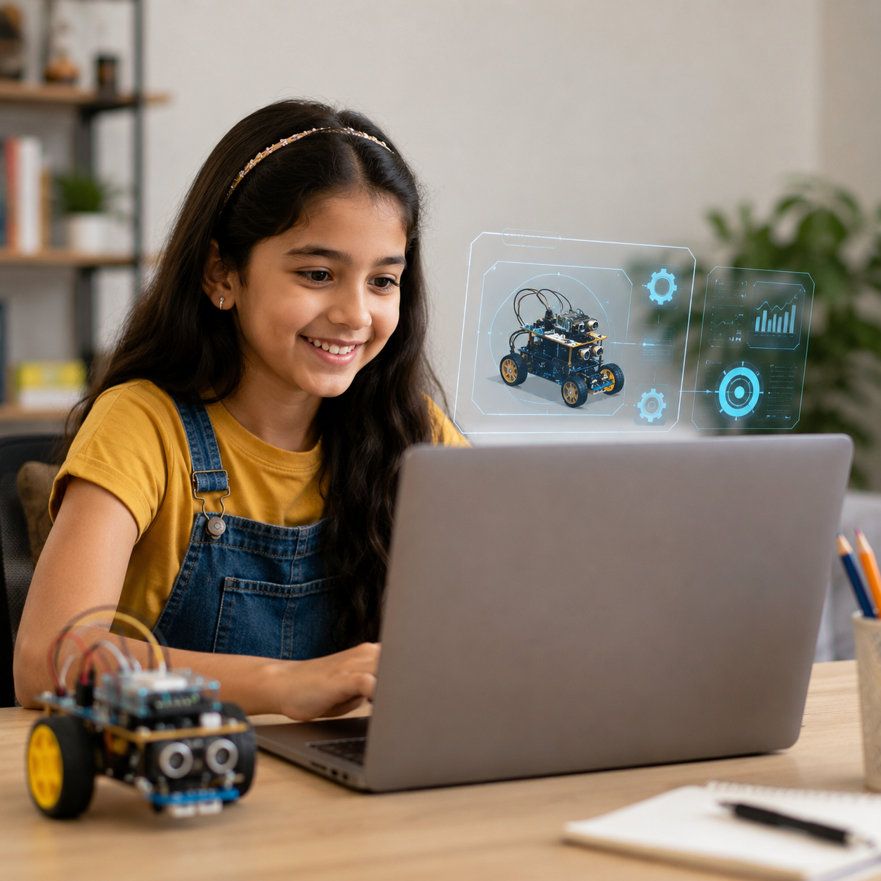 A smiling young girl participates in a STEM robotics activity using a laptop at a desk, with a small educational robot and robotics visualizations nearby in a bright, modern learning environment.