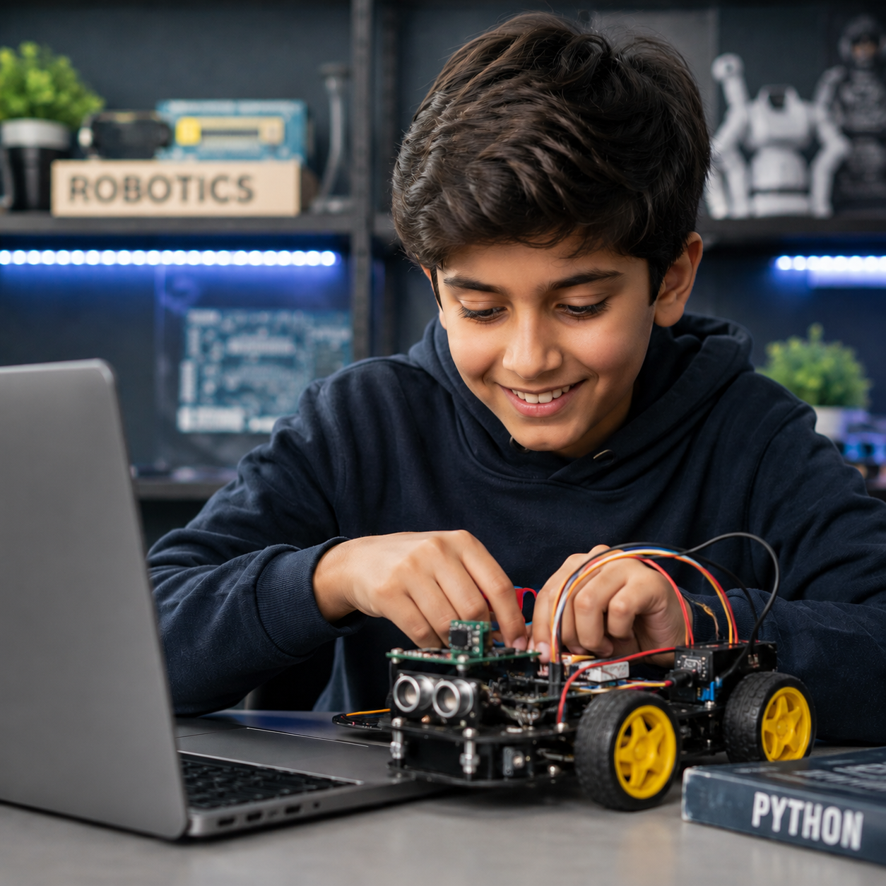**Alt Text:** Smiling young student building and programming a robotics vehicle in a modern STEM learning lab, surrounded by electronics, sensors, and robotics components. The student is engaged in hands-on engineering and Python-based robotics learning in a bright, technology-focused environment.