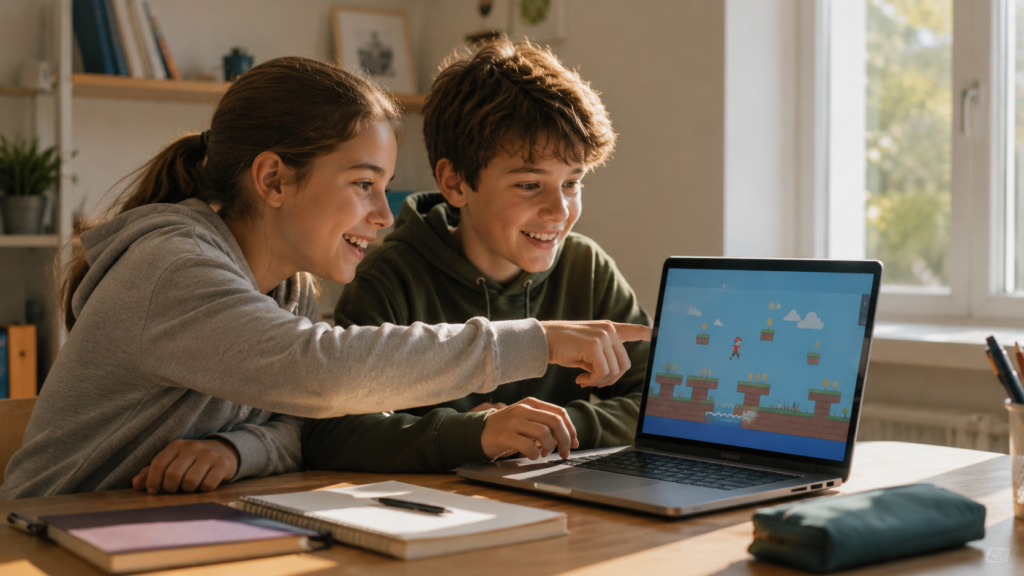 Children smiling while testing a game project they created using block-based coding.