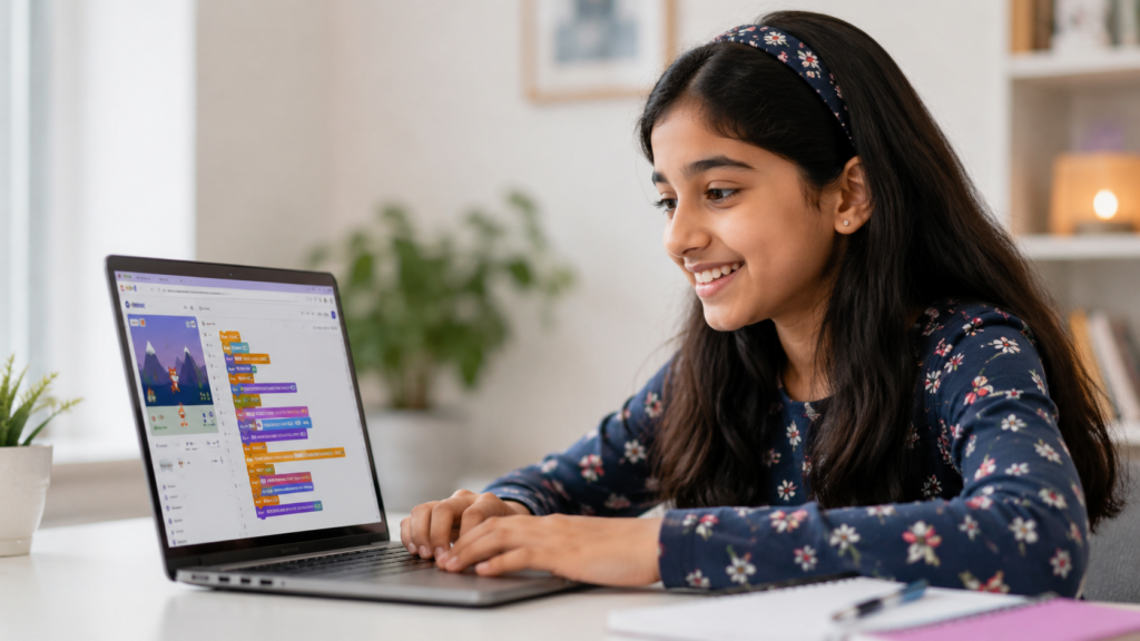 . A 13-year-old girl in a bright study room smiling at her laptop screen showing a colourful block-based code project.