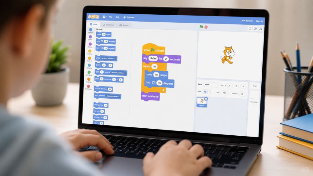 Close-up of Scratch programming interface with colourful coding blocks and child typing.