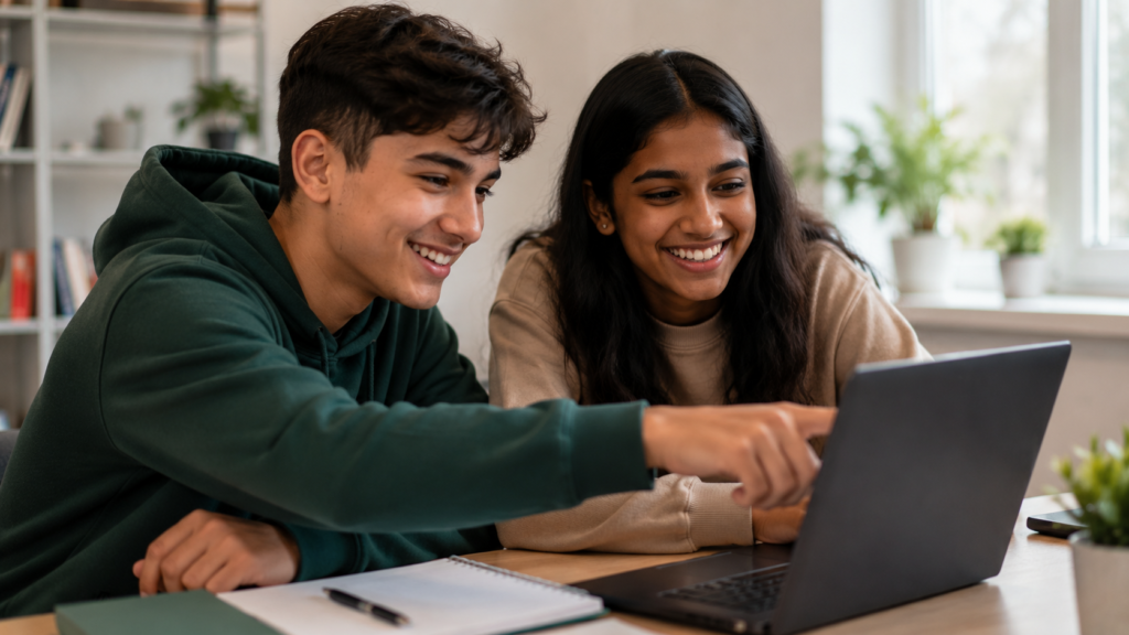 A teenage boy and girl coding side by side at a shared desk, laughing while pointing at the same laptop screen.