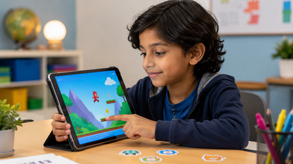An 8-year-old child looking at a large tablet with a colourful animated project on screen — a simple game or interactive story