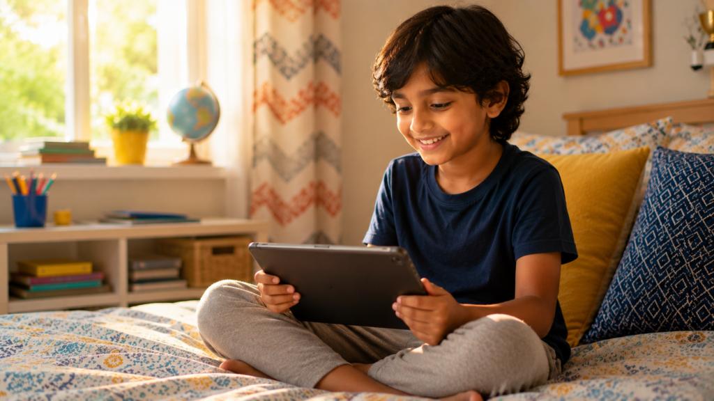 A smiling adult mentor (30s) sitting beside an 8-year-old child at a desk, both looking at a tablet with a colourful project on screen.