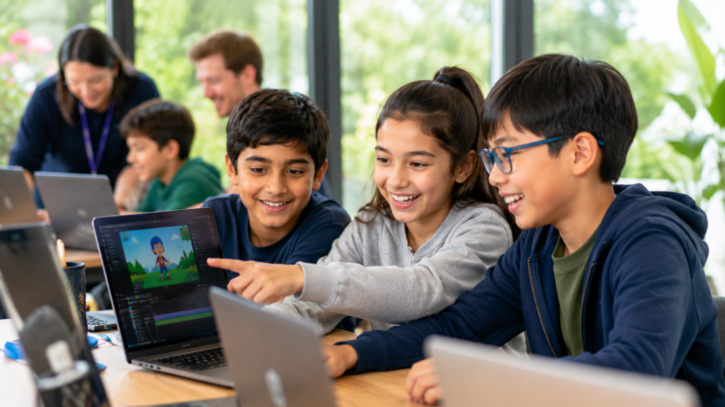 Kids collaborating in an online coding and AI summer class at ItsMyBot