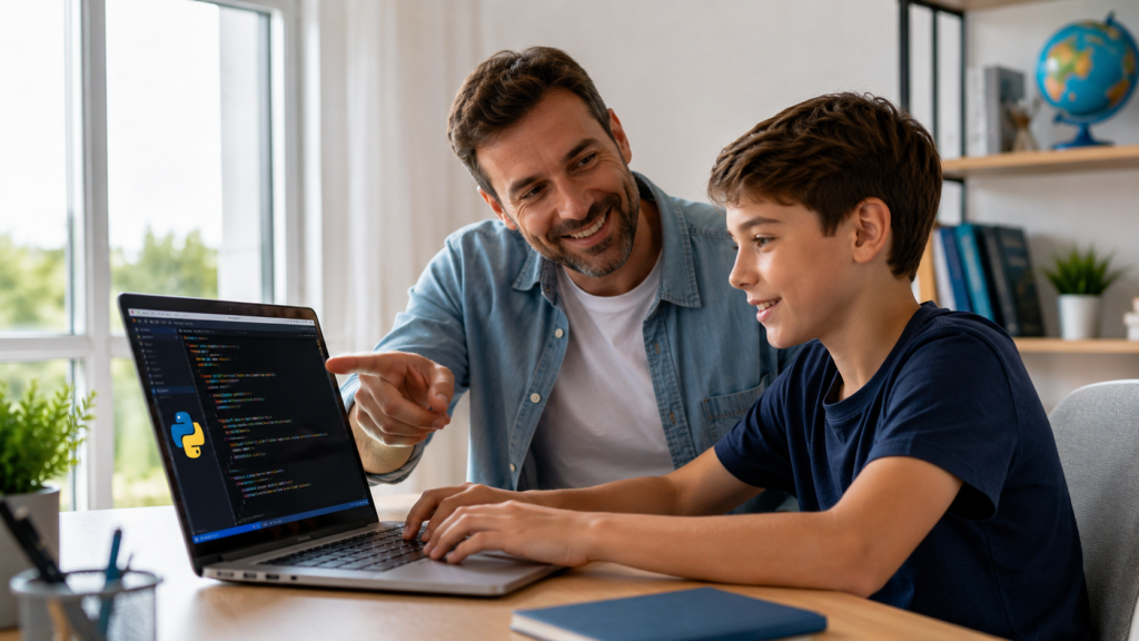 Parent and child reviewing coding vs AI class options on a laptop at home