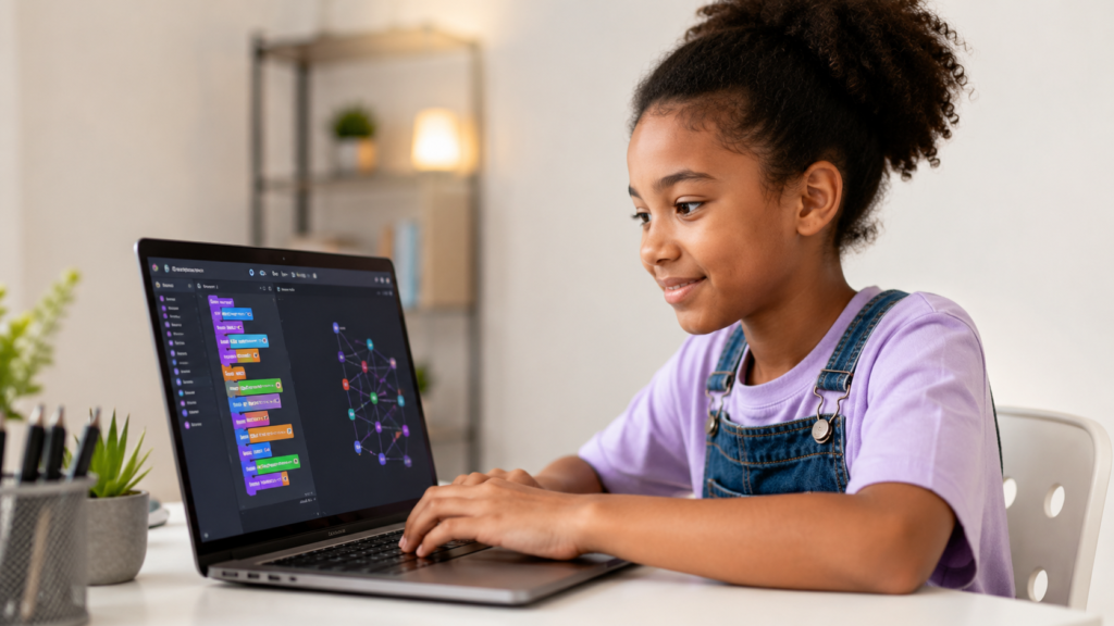 Girl exploring coding vs AI classes for kids on a laptop at a bright home desk