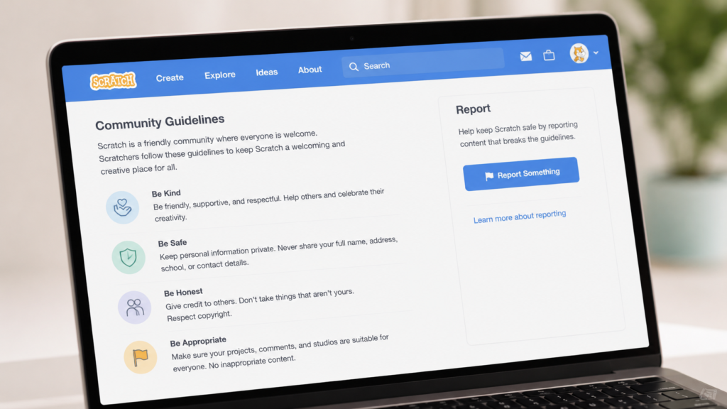 Laptop showing Scratch safety features, community guidelines, and content reporting options.