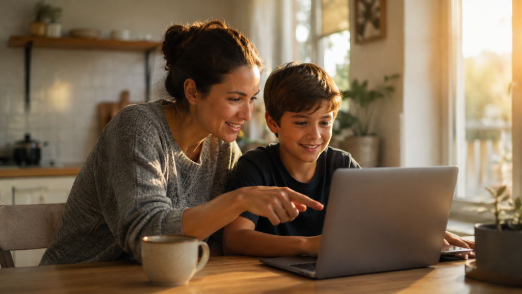 Parent and child exploring coding together on a laptop at a kitchen table at home.