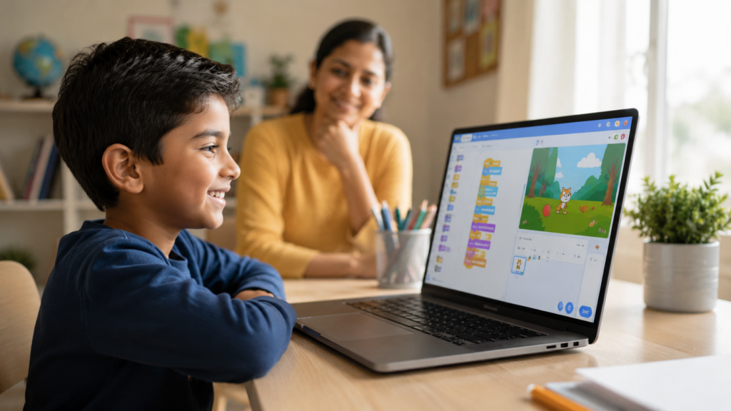 A child aged 7–9 sitting at a bright desk, looking at a laptop with a proud smile