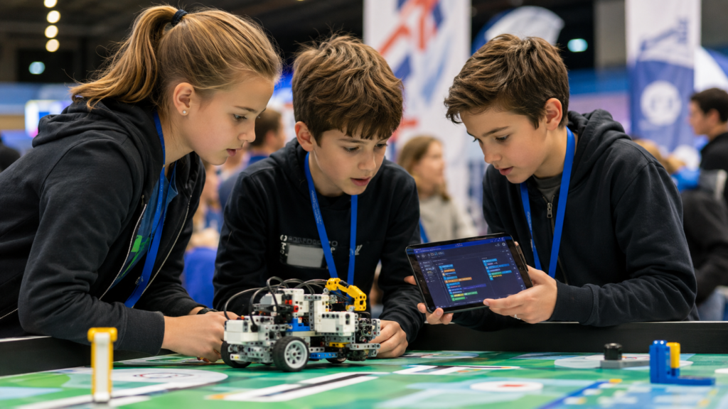Three children collaborate on a LEGO robotics project at a competition, with one child viewing code on a tablet.
