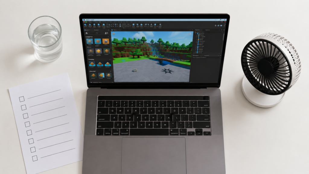 Roblox Studio performance checklist on a desk beside a laptop
