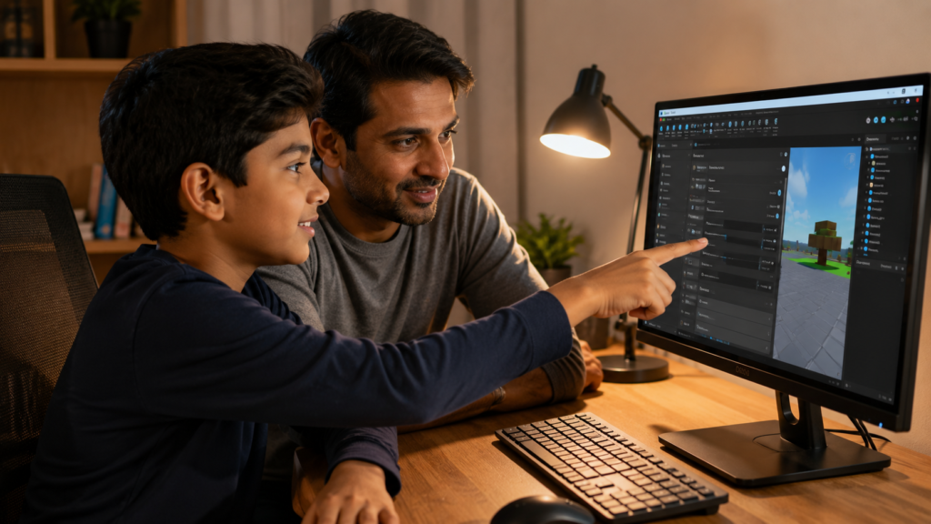 Parent and child fixing Roblox Studio lag settings together on desktop computer