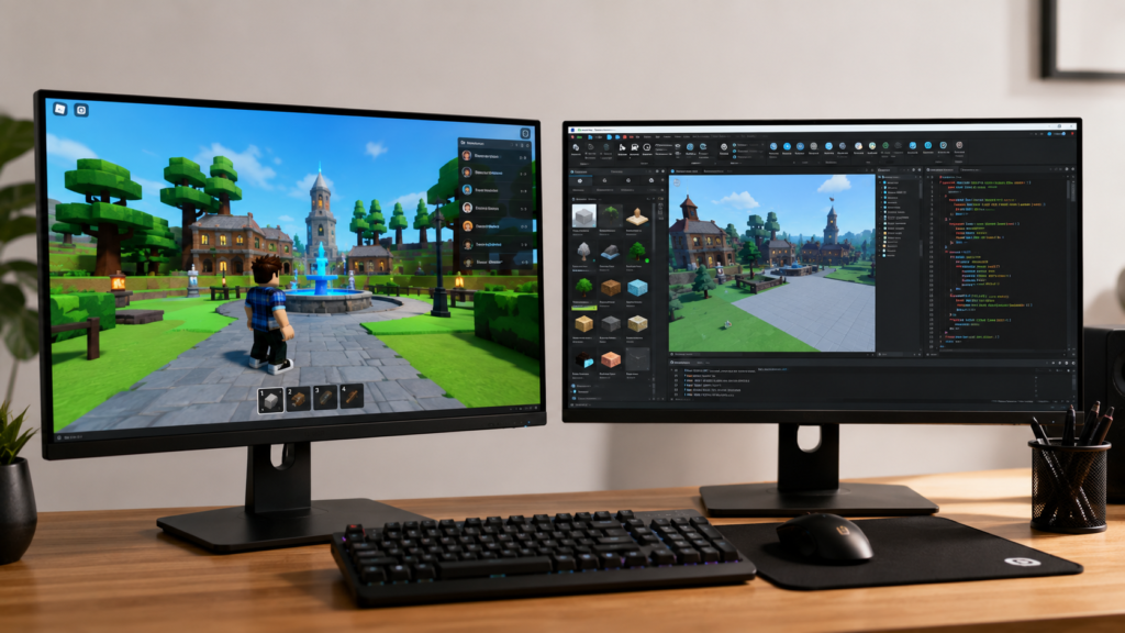 Comparison of Roblox player and Roblox Studio editor on two monitors