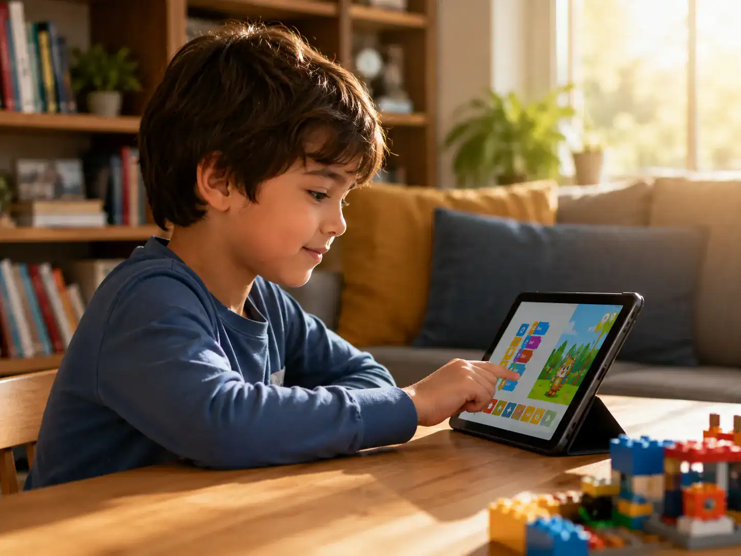 Young child playing a beginner coding game at home