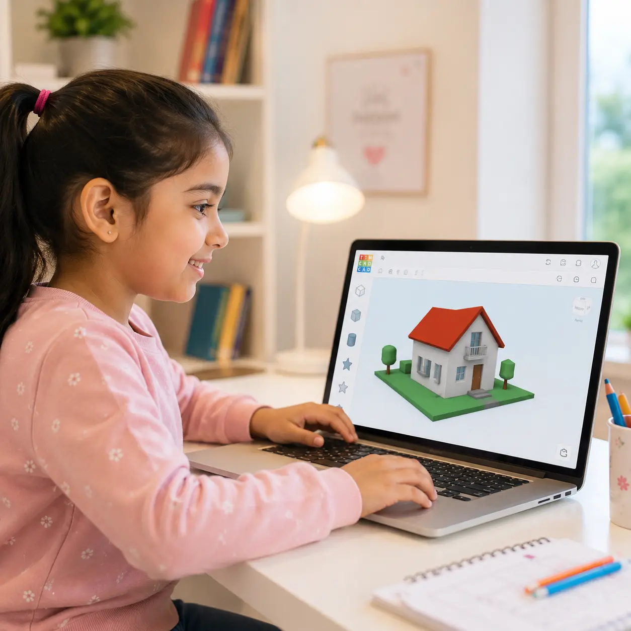 Child learning 3D design and modeling online using TinkerCAD in a personalized live class for kids ages 7 to 12