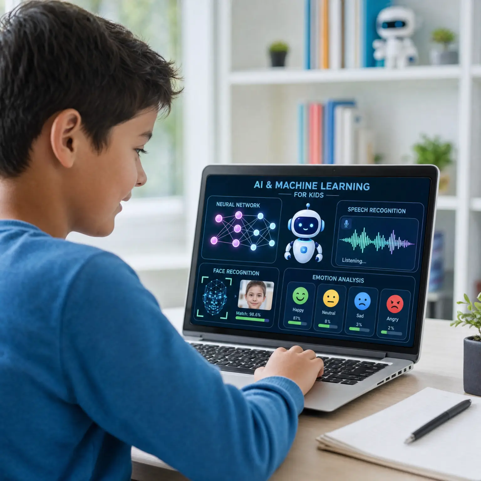 Young boy exploring artificial intelligence and machine learning concepts in a live online coding class for kids ages 7 to 12