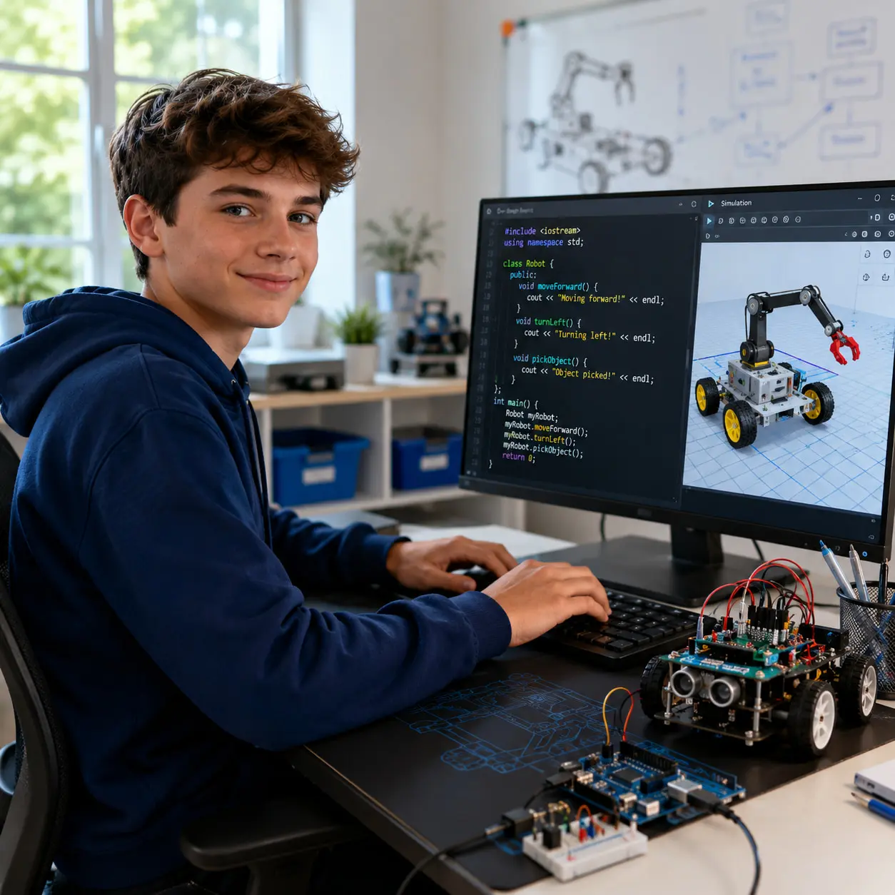 Teen programming a virtual robot with C++ and Arduino simulation in TinkerCAD.