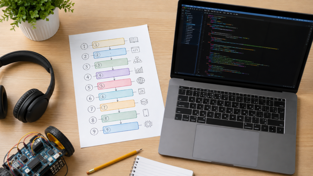 Coding roadmap for teens laid out on a desk beside a laptop showing a code editor