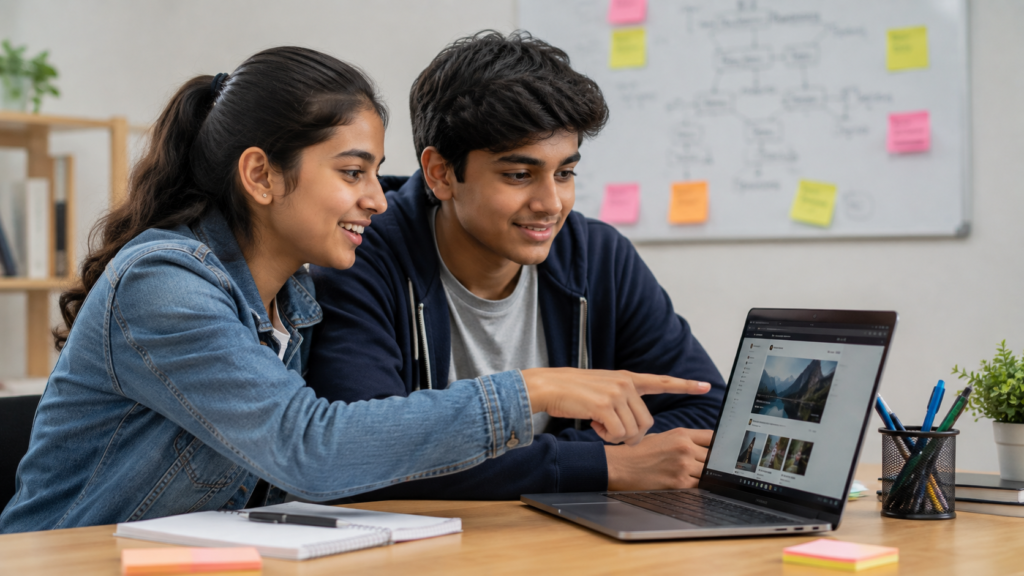 Teens learning programming together while reviewing a web project they built