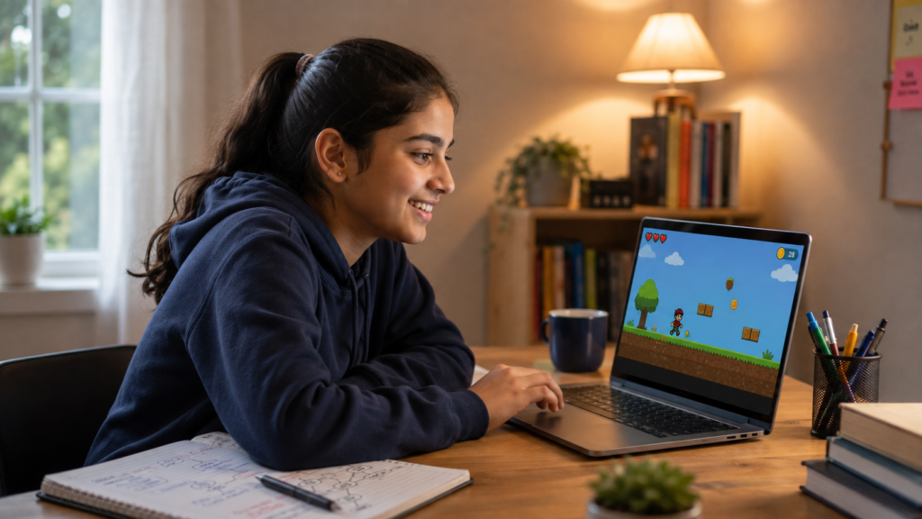 Teenager testing a Python game project she built during online coding classes