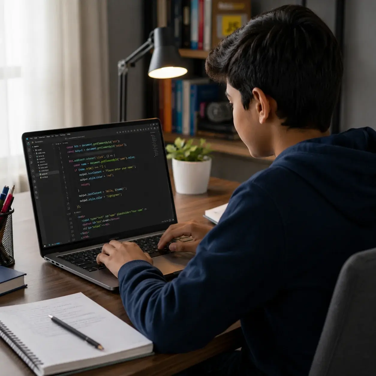 Kid learning JavaScript app development through interactive live online coding classes for ages 7 to 12