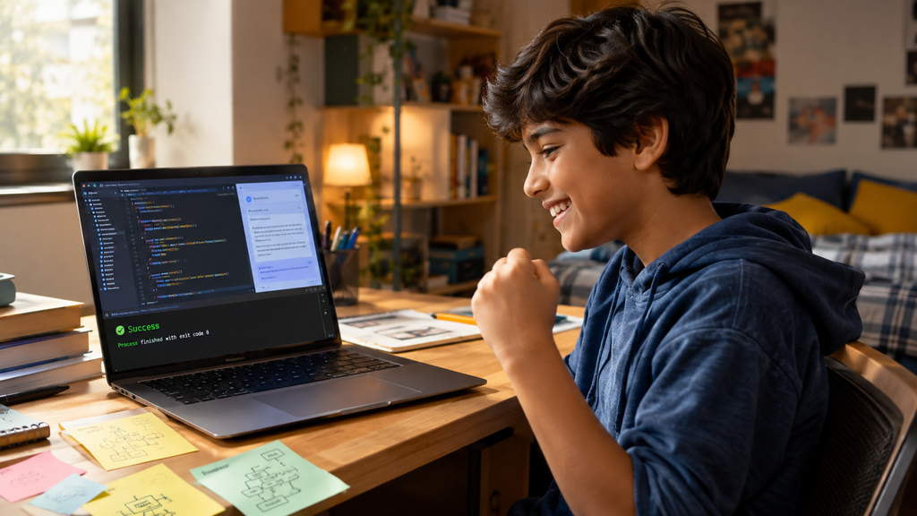 Boy celebrating after fixing a Python bug, showing confidence built by learning to code