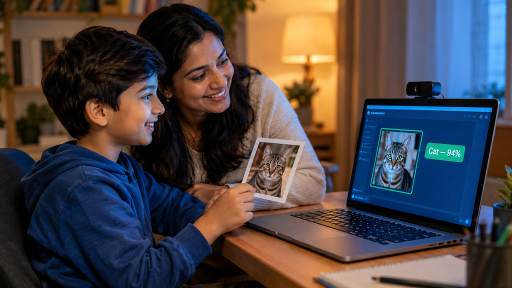 Boy testing his own AI image classifier with his parent, learning how machine learning works