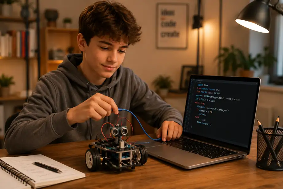 Student wiring sensors on a robot while coding in Python