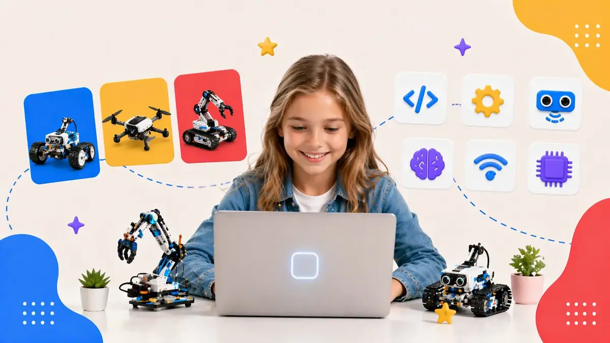 Child coding a real robot arm and rover with her mentor in a Flyer robotics class