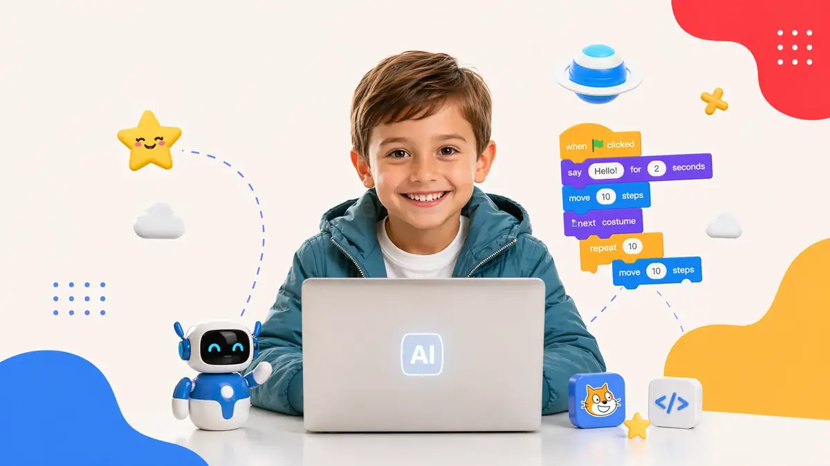 Young child programming a robot with visual blocks in a Cruiser robotics class