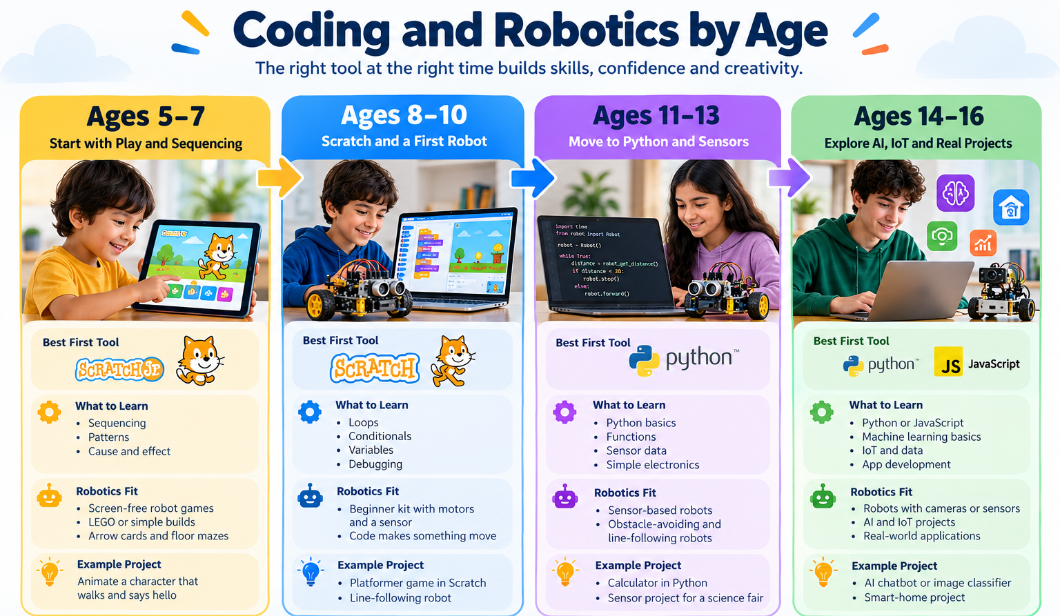 Infographic showing the best coding and robotics tools for kids by age, from ScratchJr to Python and AI