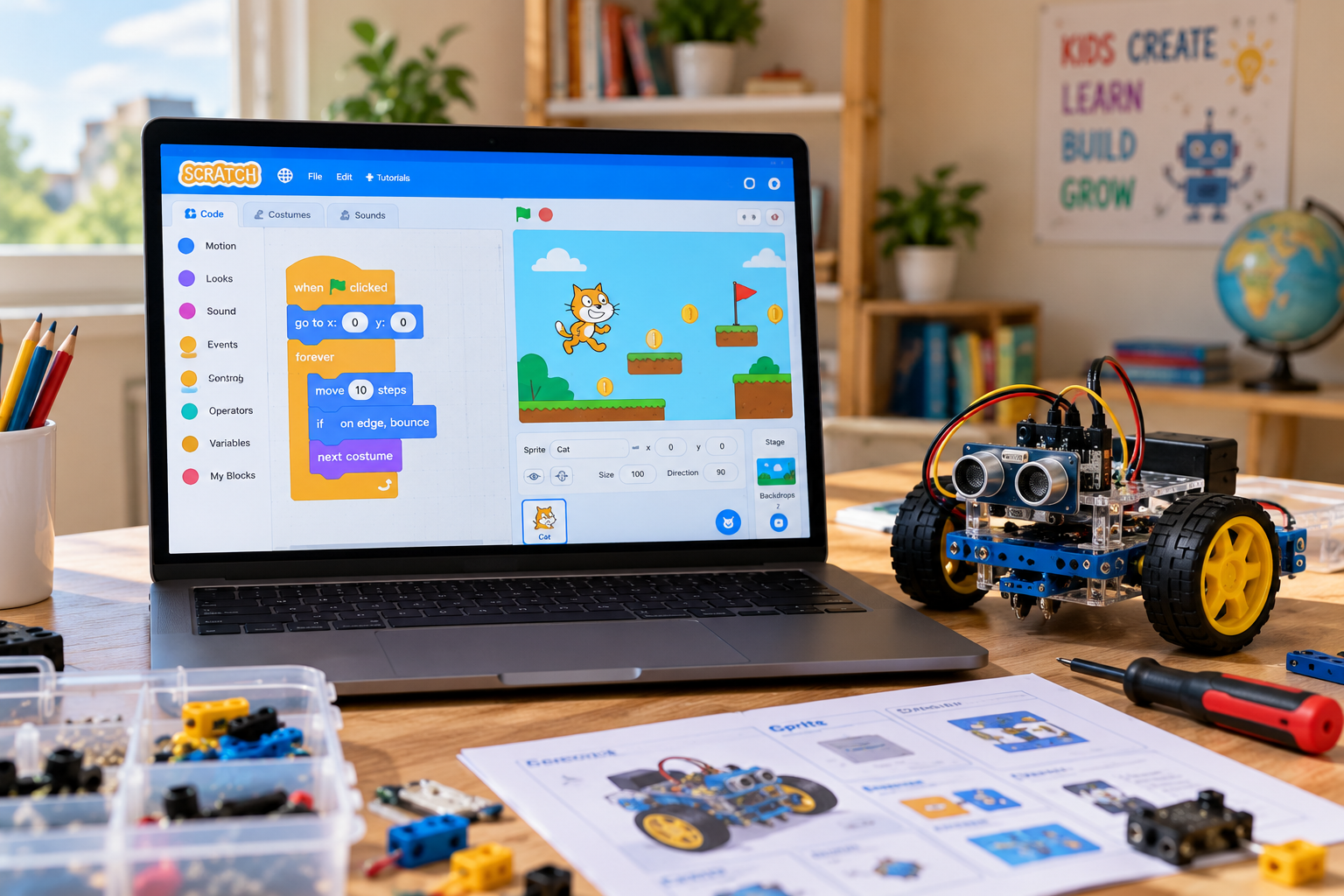 Scratch platformer game on a laptop next to a beginner robot kit