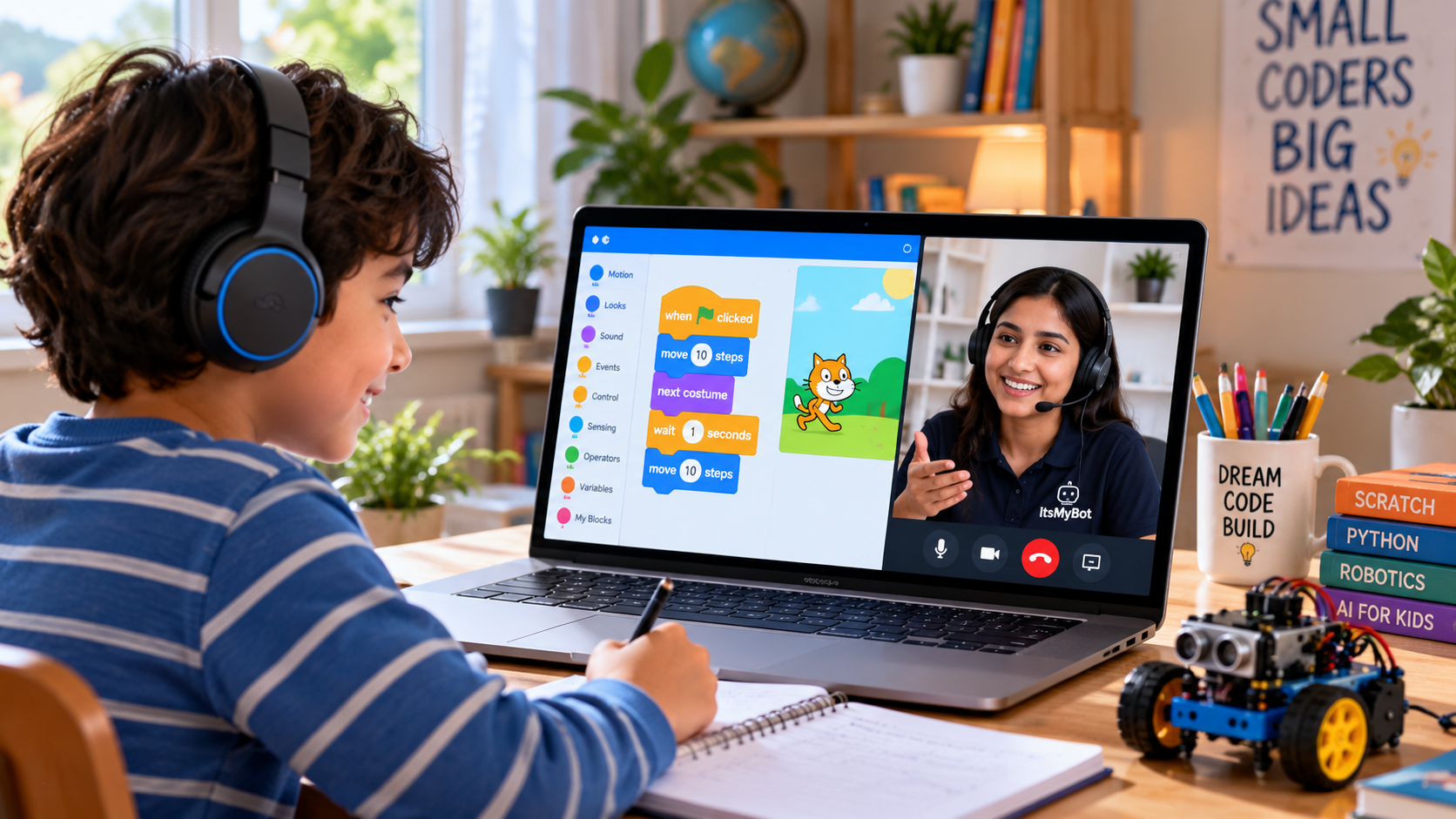 Child participating in a live online coding class with an instructor